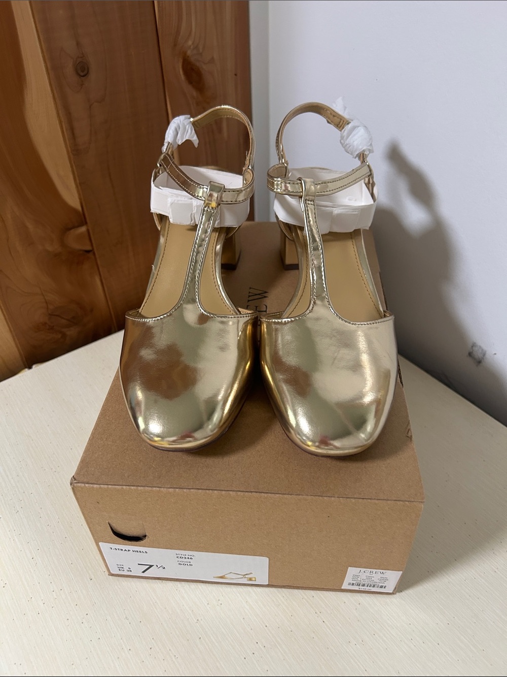 J. Crew Factory Gold T-Strap Block Heels